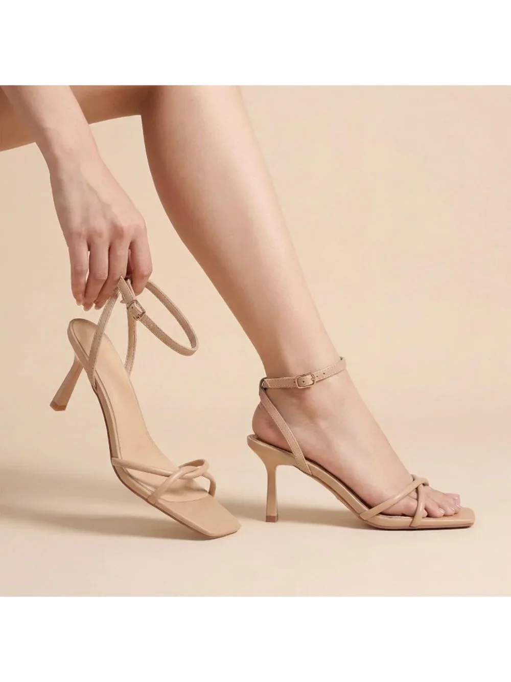 Women's Apricot Elegant Square Open Toe Strappy Comfortable Kitten Heels Sandals